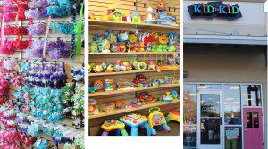 Collection of bows, toys, and the cute little entrance to the Kid-to-Kid store on Huebner.