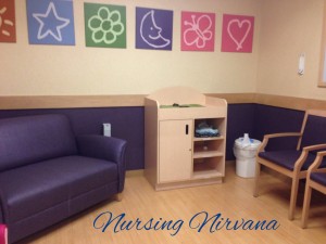 The nursing room at Babies-R-Us has it all: soft seating, chairs with arms, books for the older kids, a changing table, and a trashcan. Oh - and no mirrors. Bam!