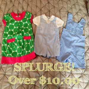 Splurge-worthy items include: MiniBoden, Petite Ami and handmade Easter outfit.