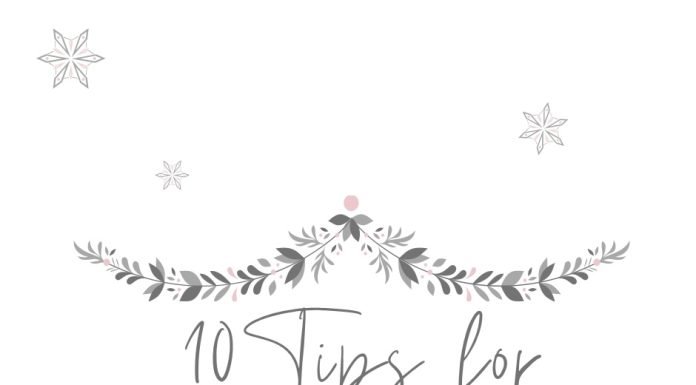 White background with snowflakes and green garland. The text says “10 Tips for Taking Care of Yourself During the Holidays”