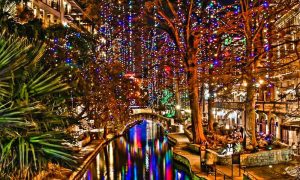 lights in trees over the San Antonio River Walk