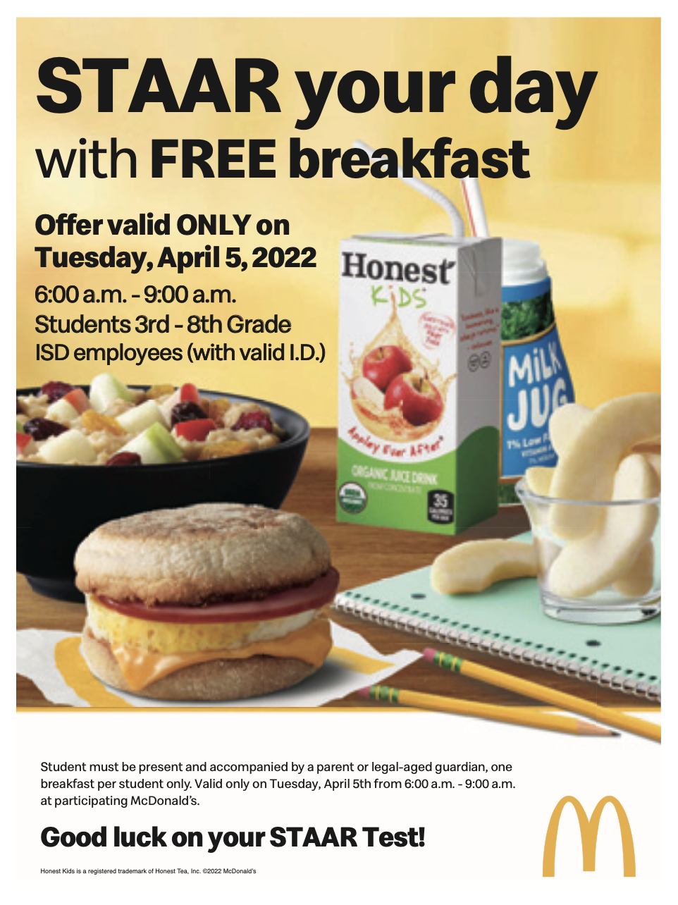 Advertisement for McDonalds Free Breakfast on April 5 for STAAR test takers