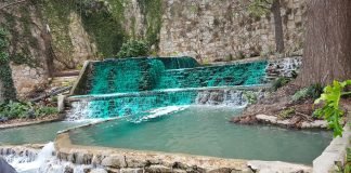 river with green dye flowing through a fountain for St. Patricks Day
