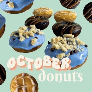 Image of multiple donuts with the words “October donuts” at the bottom