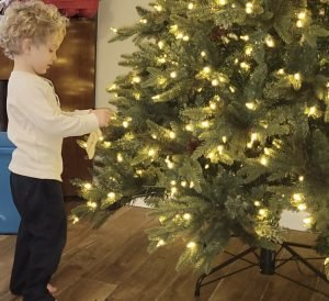 Boy placing ornament on Christmas tree
