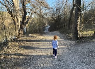 Back view of a toddler walking down a trail with trees and water in the background