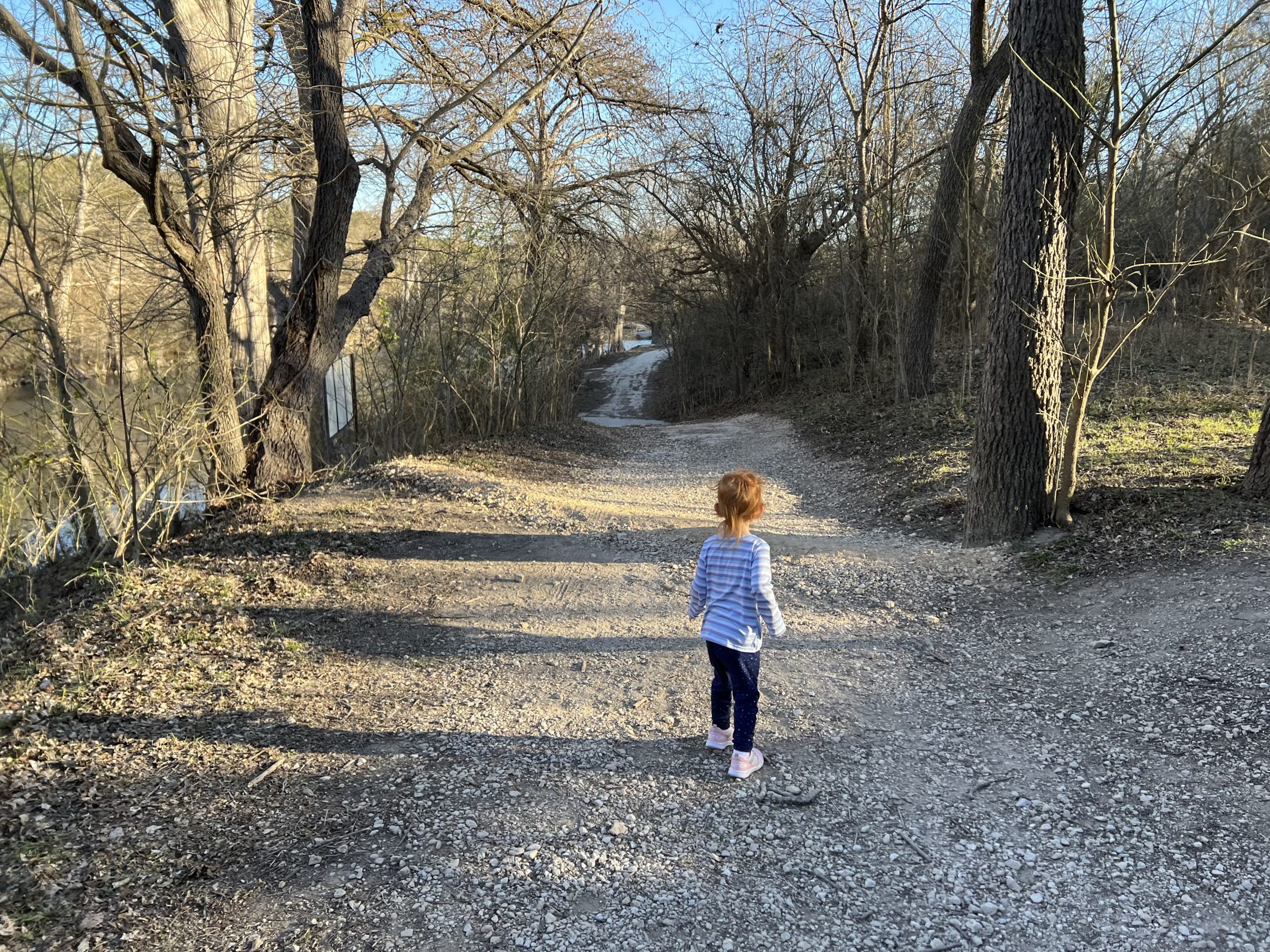 Back view of a toddler walking down a trail with trees and water in the background 