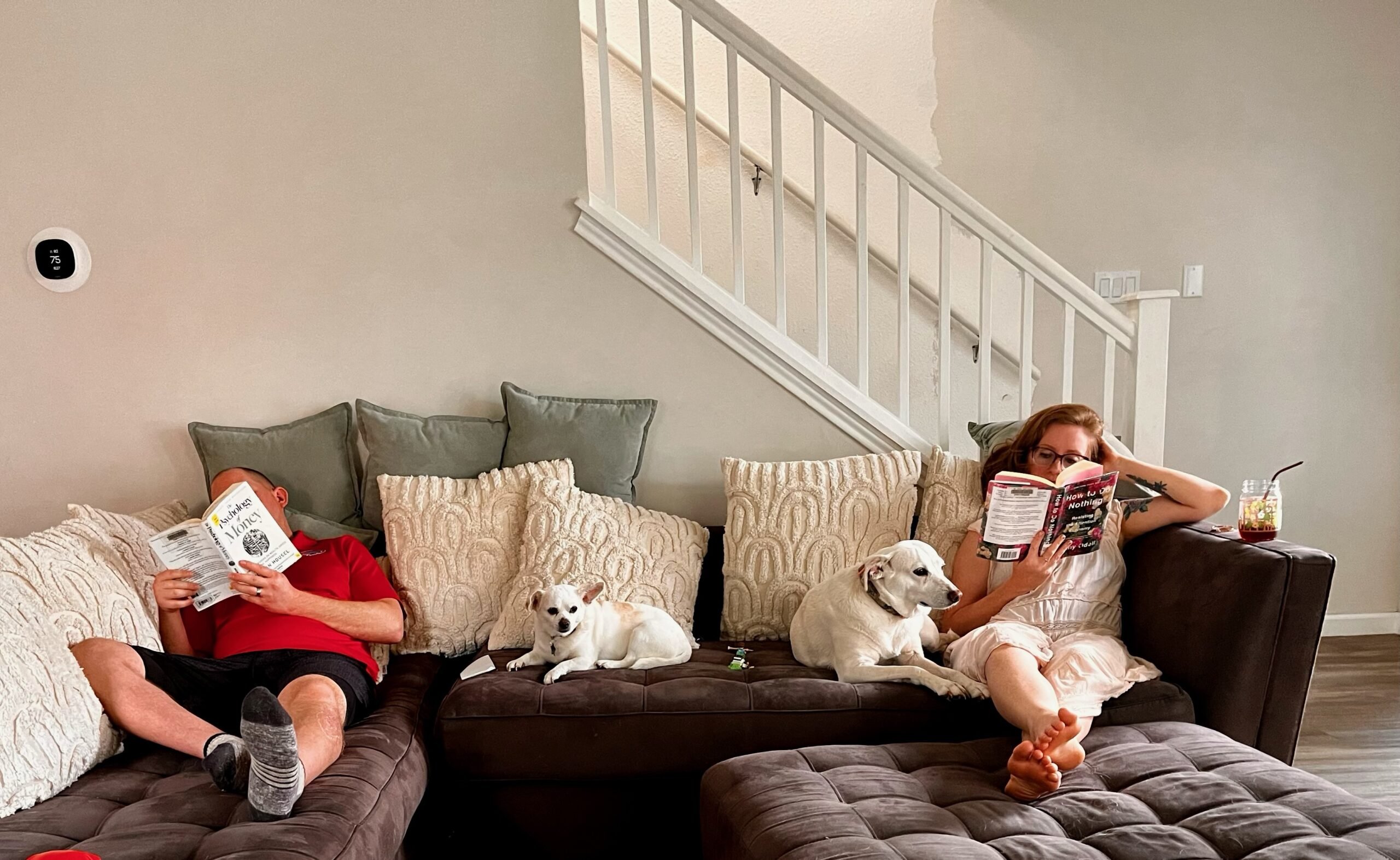 two adults sitting on a couch reading with two dogs between them.