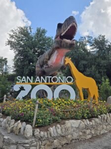 a dinosaur sculpture above the sign for the San Antonio Zoo